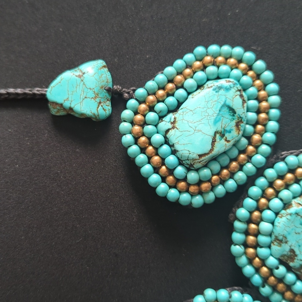 Handcrafted Turquoise and Beaded Statement Necklace Bold Bright Boho - Picture 6 of 11